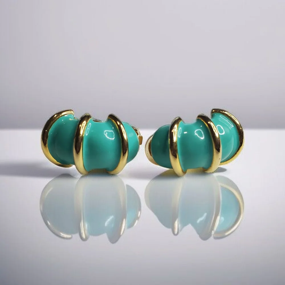 DONALD STANNARD Vintage 80s Turquoise Enamel Clip=on Earrings - Picture 2 of 5